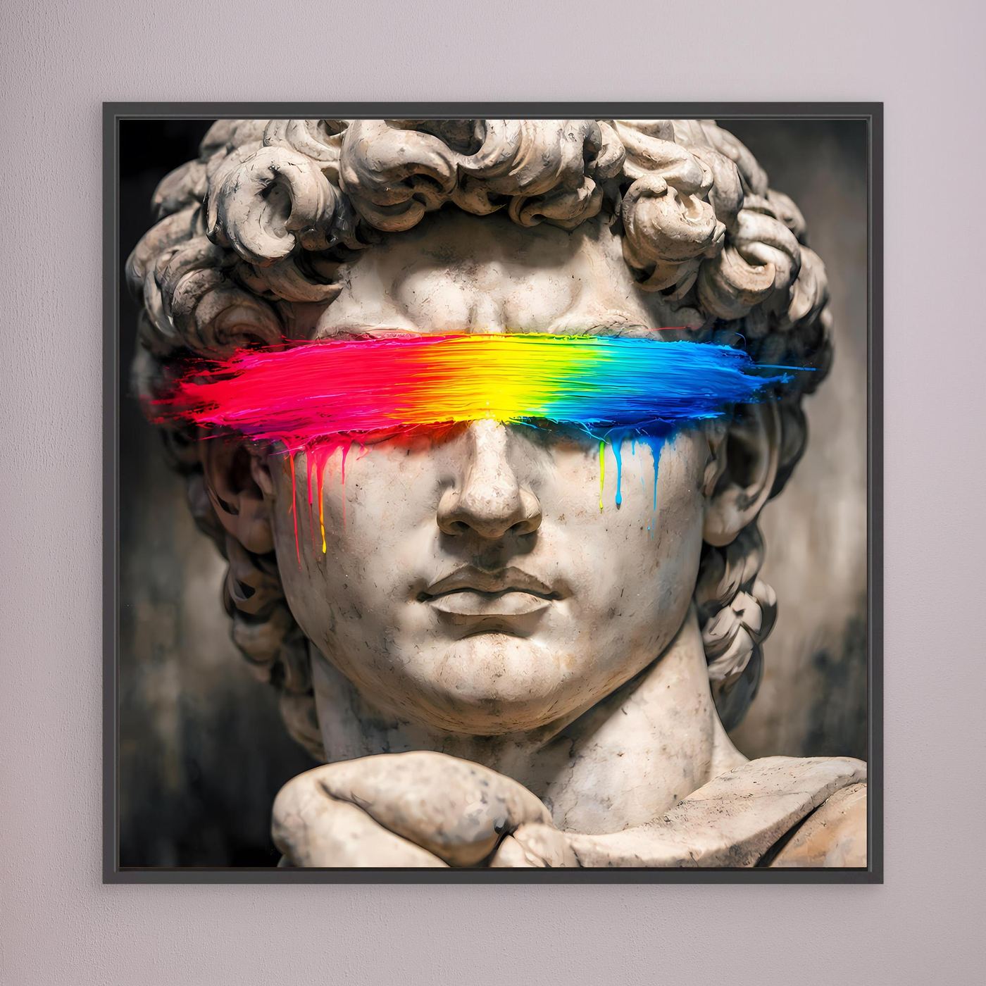 Leinwandbild der David-Statue mit Regenbogen-Farbbalken und Tropfen, schwarz gerahmt