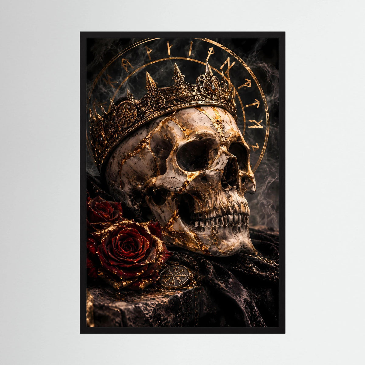 Hochformat-Poster mit Totenkopf, goldener Krone, Rosen und Runenkreis in dunkler Farbgebung