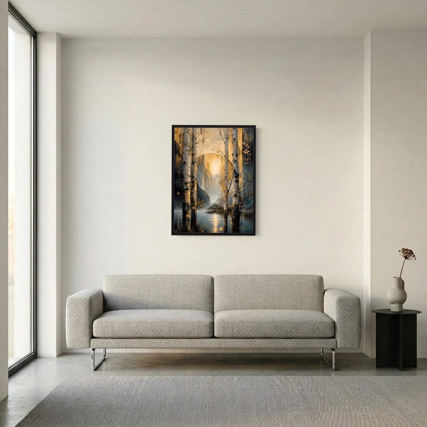 Hochformat-Poster im Rahmen: abstrakte Birkenlandschaft, goldige Stimmung, Petrol-Wasser