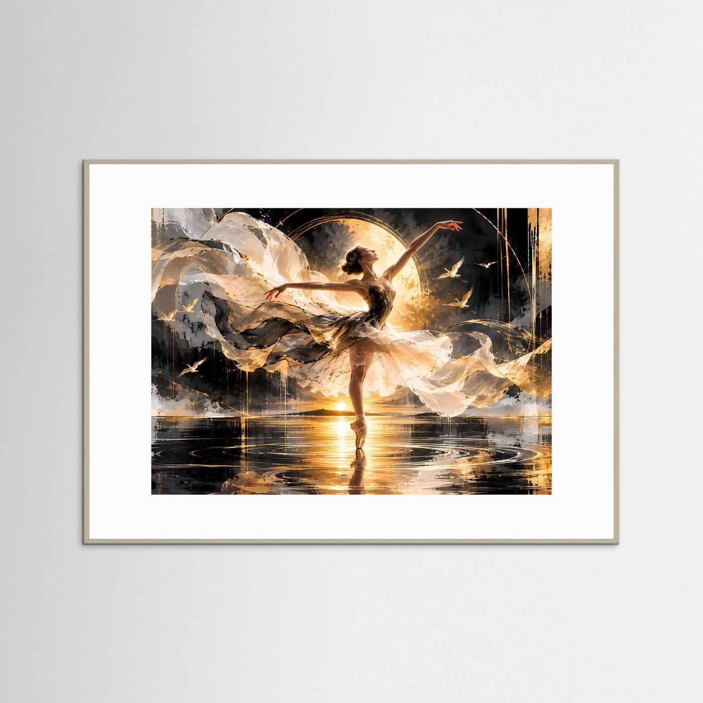Poster im Querformat mit gold-schwarzer Ballerina, Lichtkreis und Spiegelung, weißer Rahmen