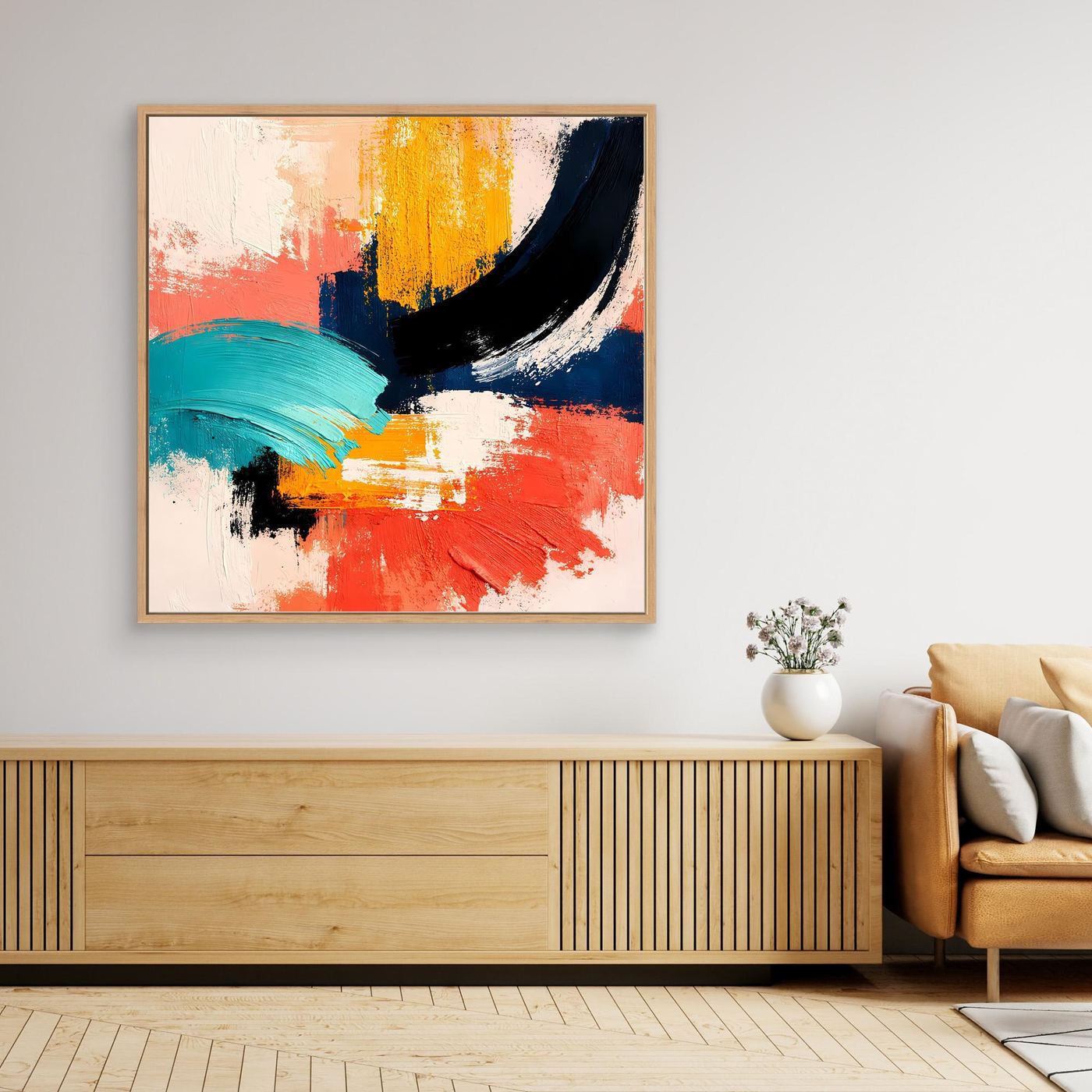 Light wood-framed abstract wall art canvas with white, teal, orange, yellow, and dark navy brush strokes