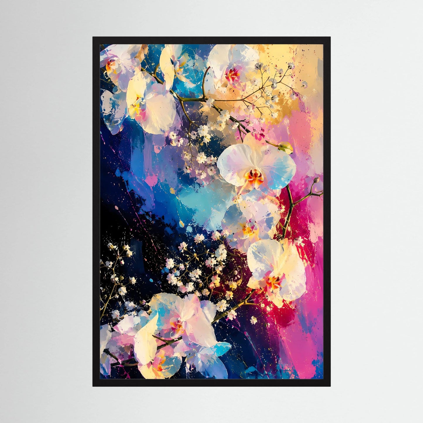 Hochformatiges Poster mit abstrakten Orchideen in Blau, Pink und leuchtenden Blüten