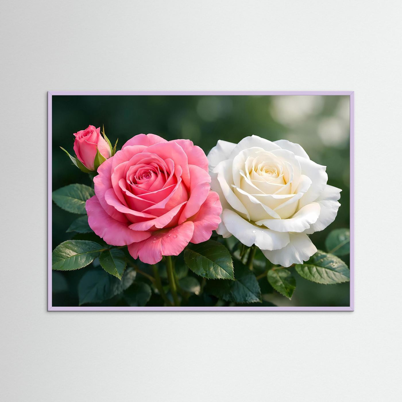 Blumenposter im lila Rahmen mit pinker Rose und weißer Rose