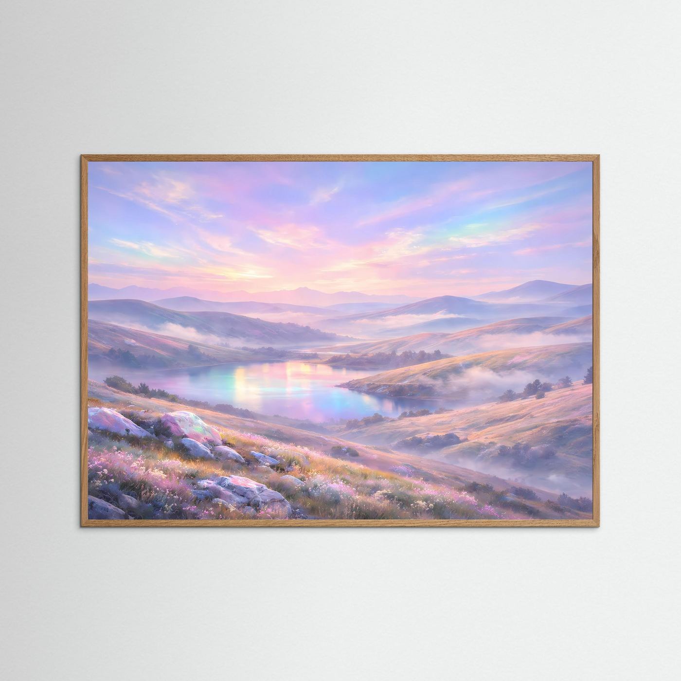 Panorama-Poster mit Hügellandschaft bei Sonnenaufgang und Regenbogen-Licht im hellen Holzbalken