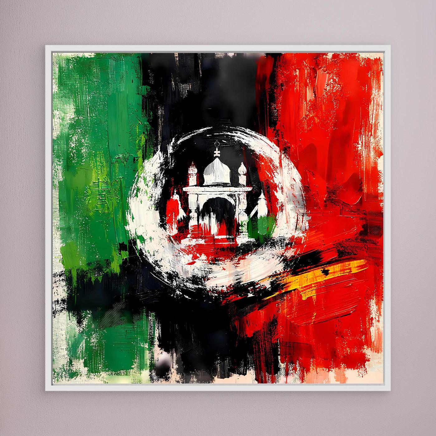 White-framed canvas wall art with abstract Afghanistan flag colors and circular emblem