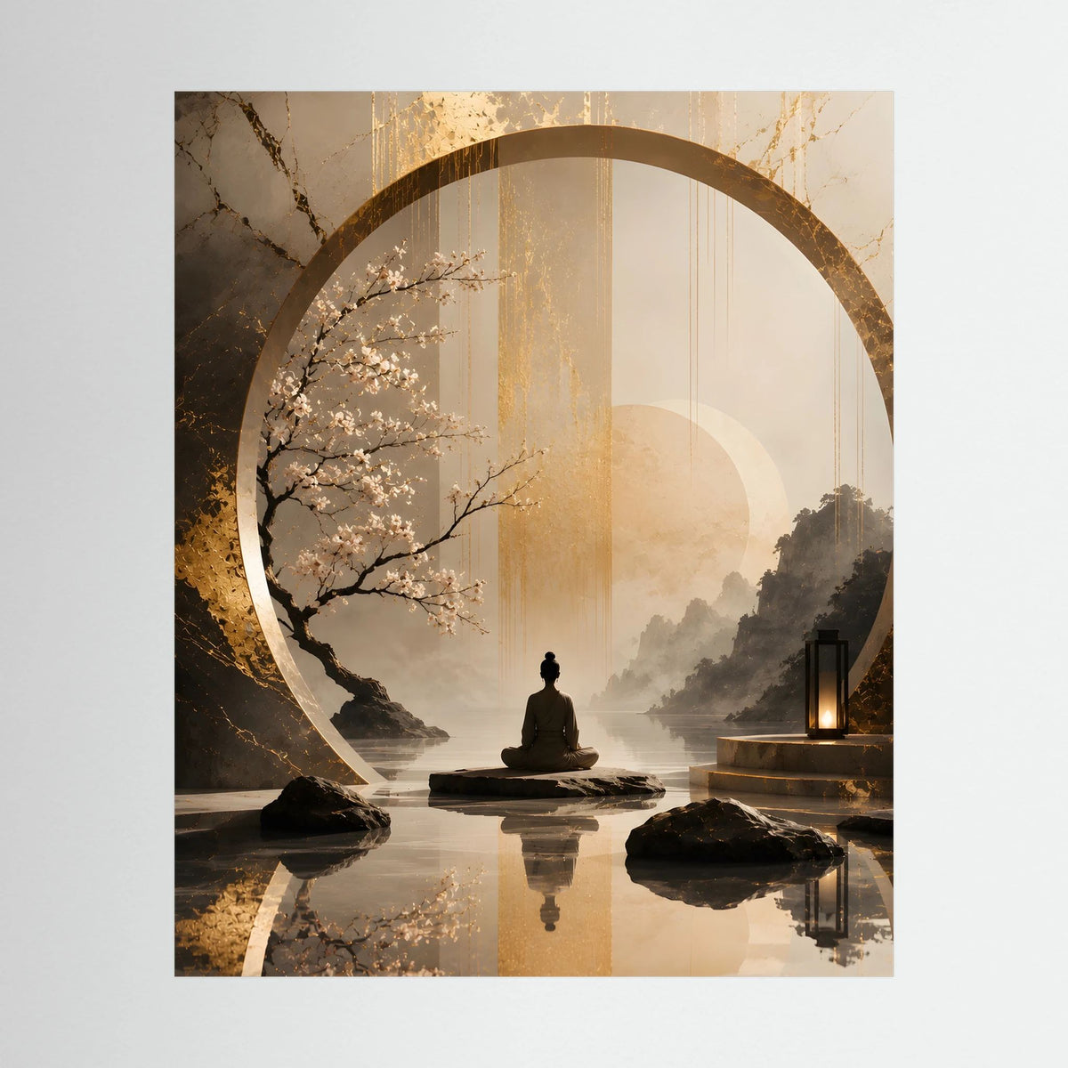 Hochformat-Japanposter: meditierende Figur im goldenen Kreis, Kirschblütenzweig, Beige & Braun