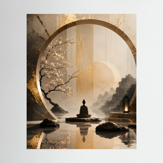 Hochformat-Japanposter: meditierende Figur im goldenen Kreis, Kirschblütenzweig, Beige & Braun