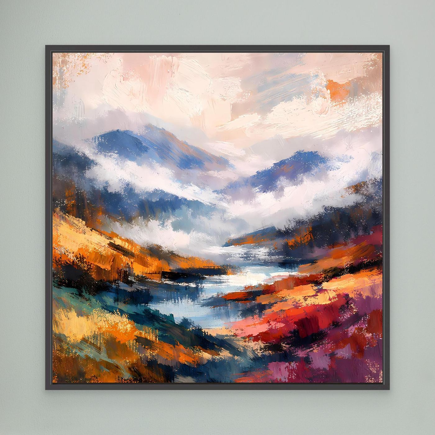 Leinwand-Wandbild: abstrakte Berglandschaft mit Fluss, schwarzer Rahmen, blau-orange Farbflächen.