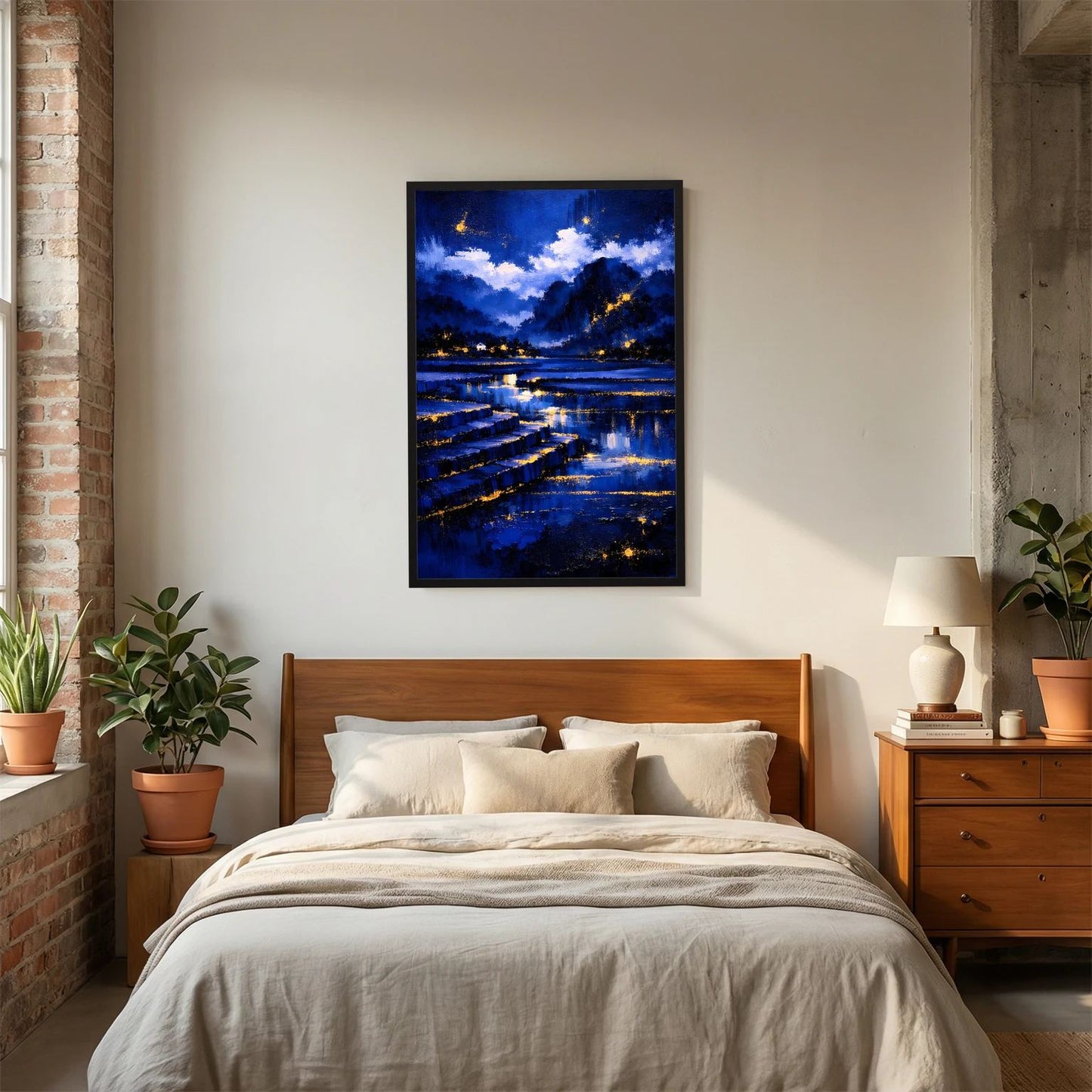 Wandposter Nachtlandschaft in Blau mit goldenen Lichtern, schwarzer Rahmen, zentriert