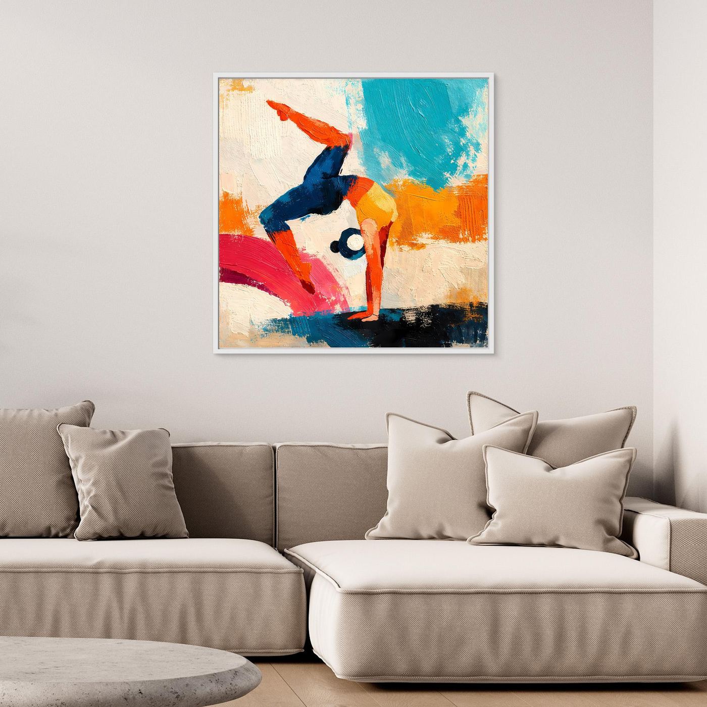 White-framed handstand yoga figure wall art with abstract multicolor brushstrokes