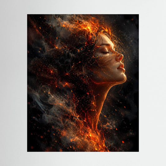 Hochformat-Poster: Frauenprofil aus Feuer und Glut, orange Flammen