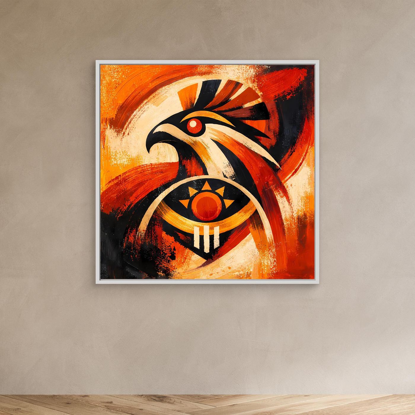 Wandbild mit Falken- und Sonnensymbol, orange-rot-schwarz, im hellen Rahmen