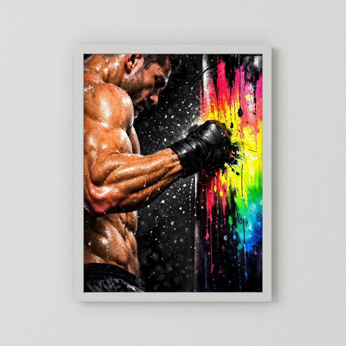Hochformat-Poster: Boxer mit Boxhandschuhen, weißer Rahmen und farbige Spritzer
