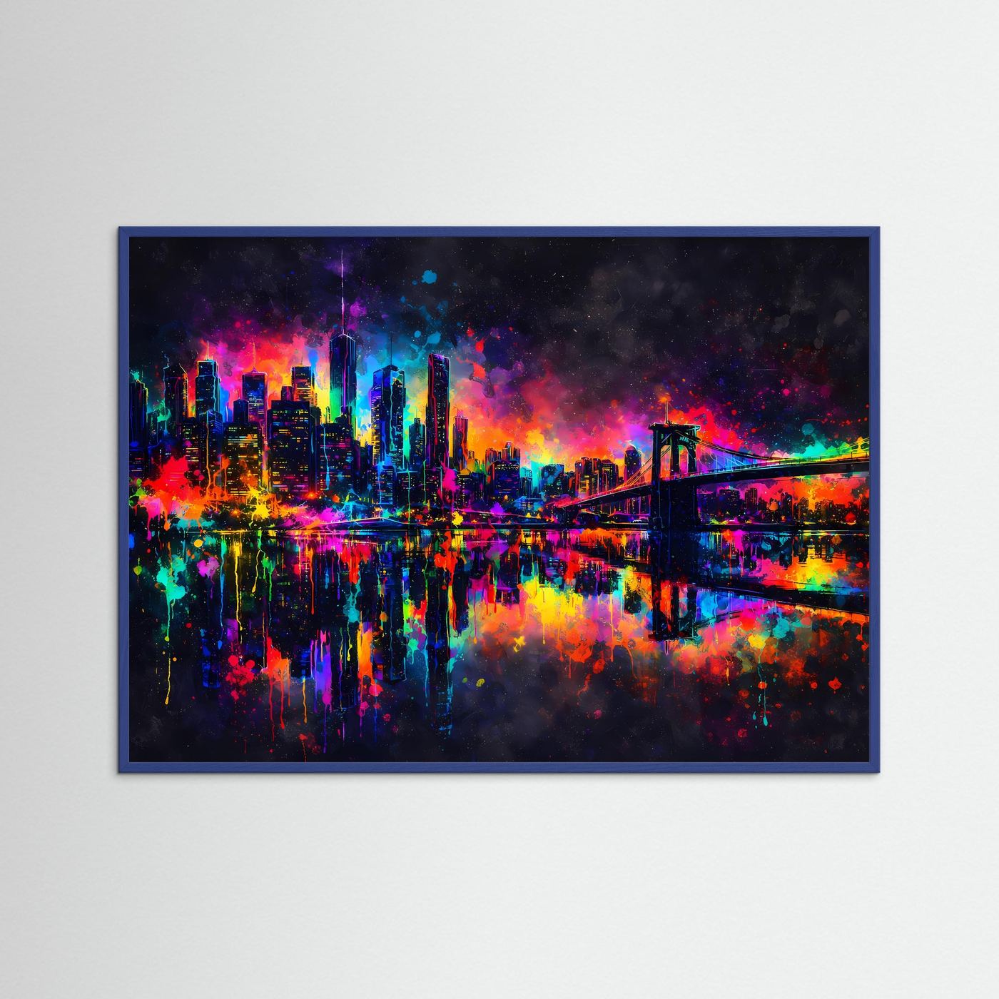 Wandbild New-York-Skyline mit Brooklyn Bridge in Neonfarben, blauer Rahmen