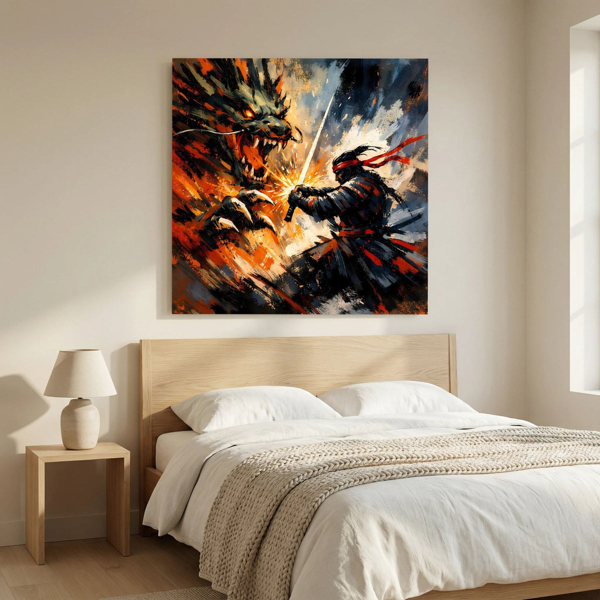 Leinwandbild: Samurai im Vordergrund gegen Drachen, abstrakte Pinselstriche in Schwarz/Orange