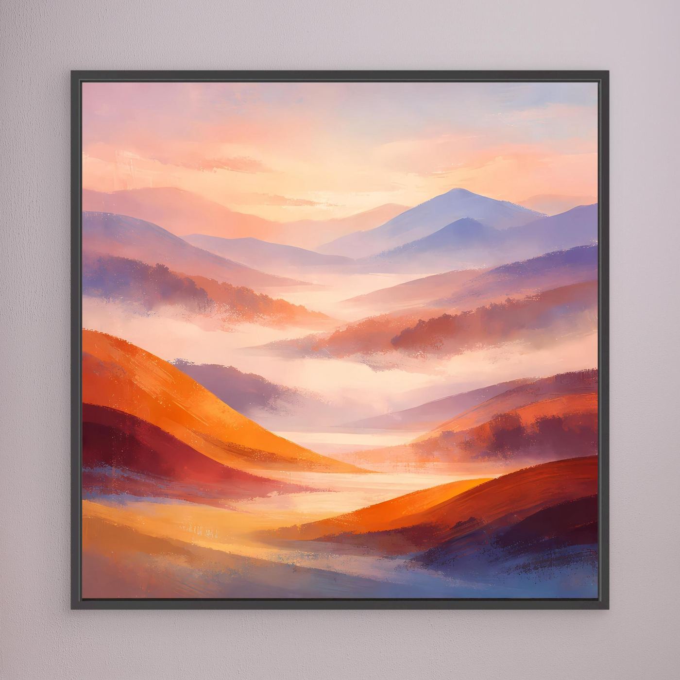 Leinwandbild mit dunklem Rahmen, abstrakte Pastell-Berglandschaft in Orange und Lila