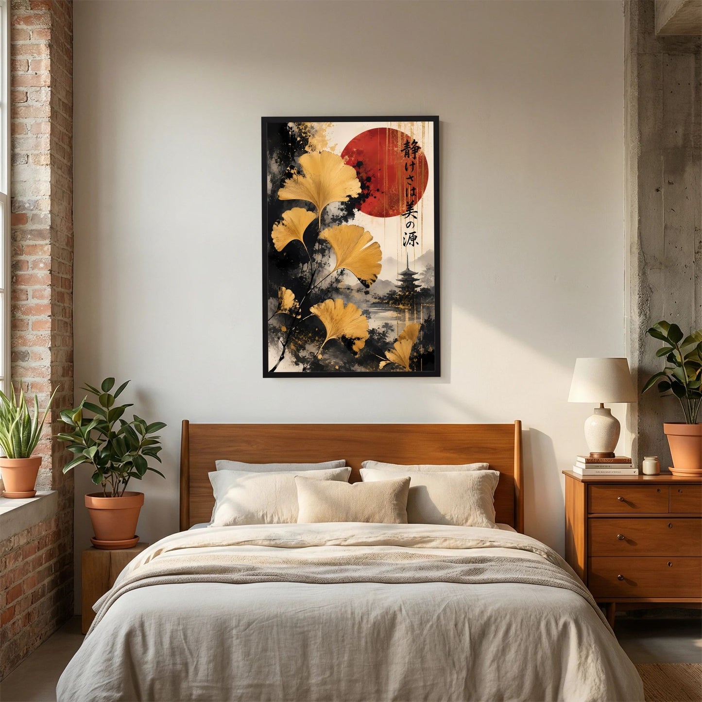 Ginkgo-Poster mit goldgelben Blättern, roter Sonne und Pagode im schwarzen Rahmen