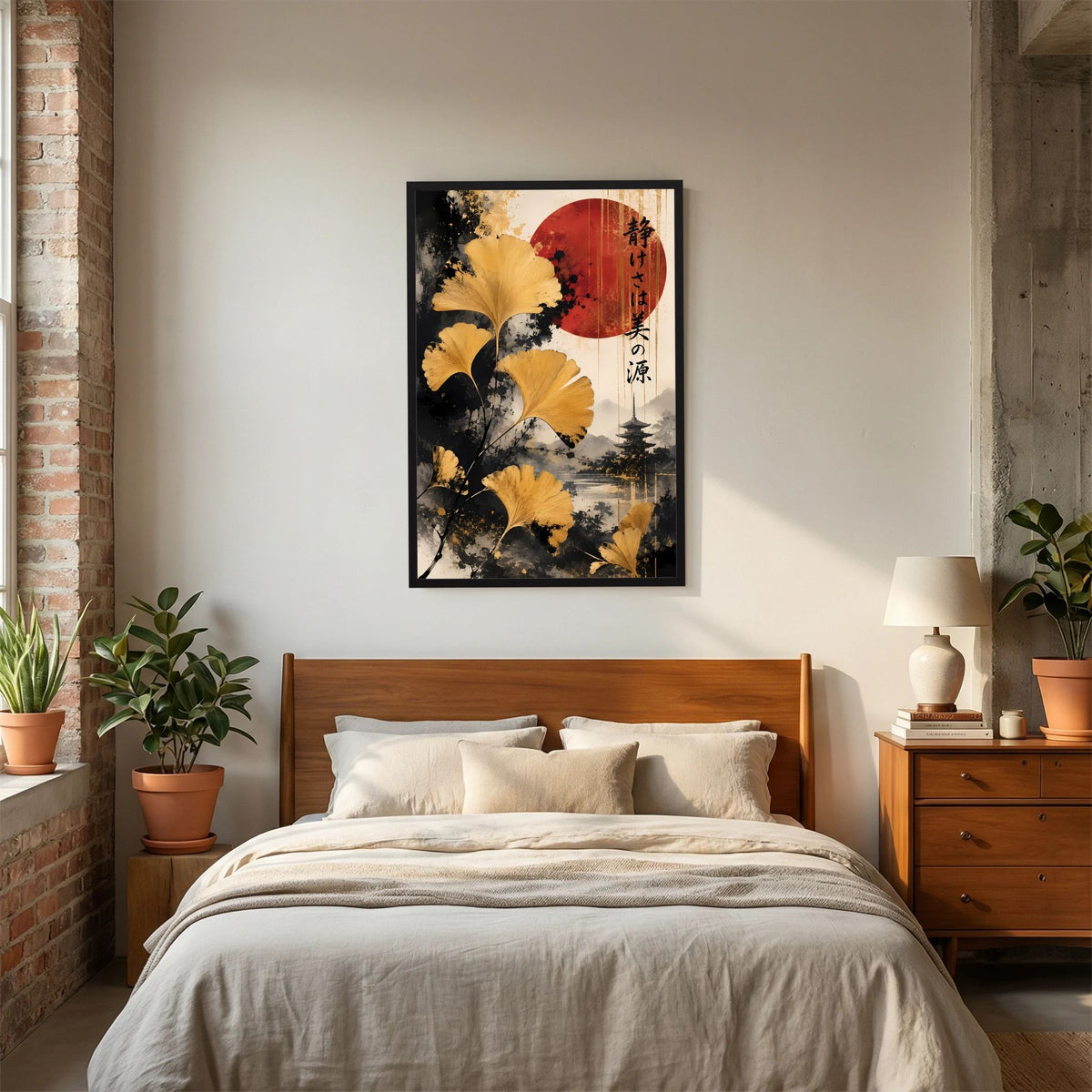 Ginkgo-Poster mit goldgelben Blättern, roter Sonne und Pagode im schwarzen Rahmen