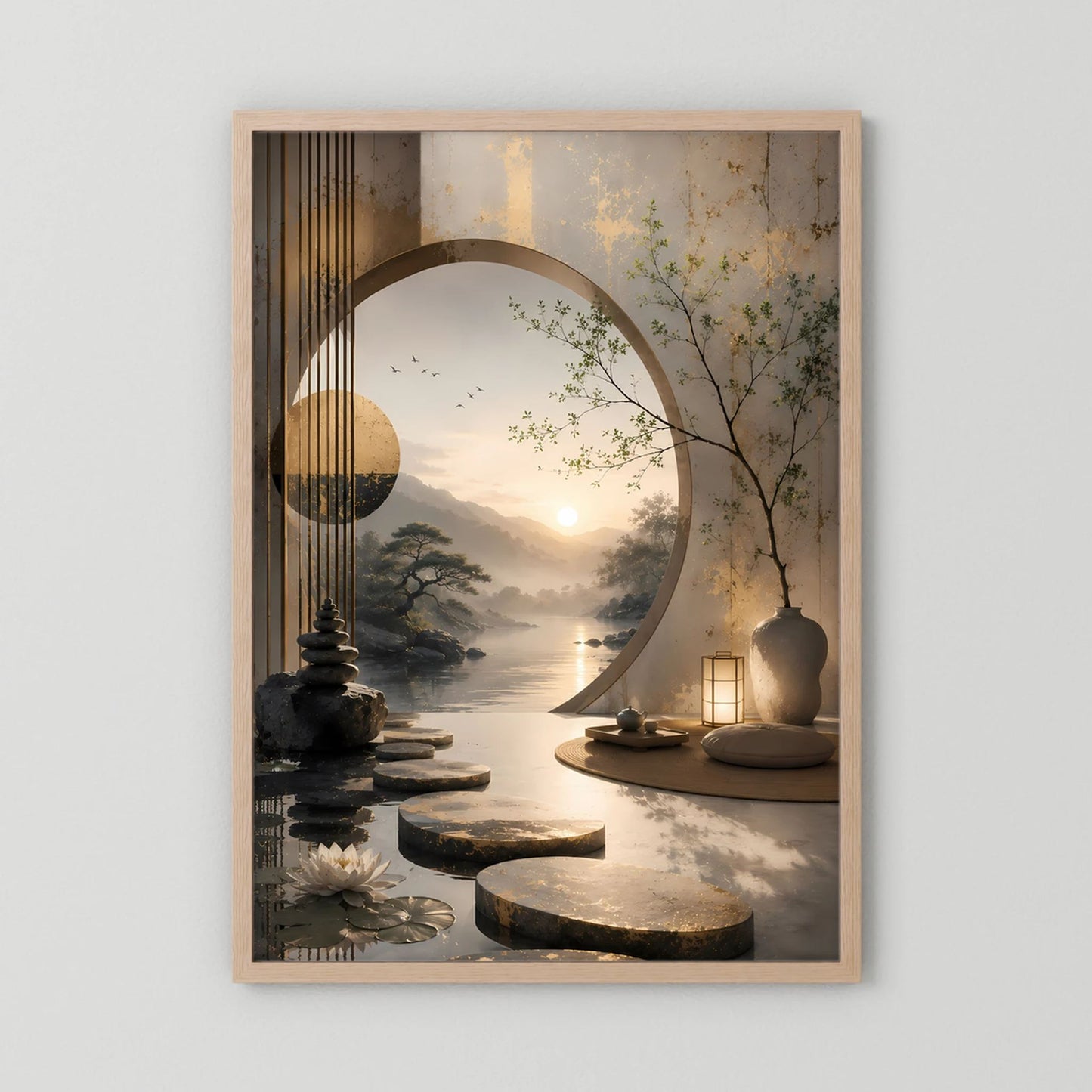 Poster im hellen Holzrahmen mit asiatischer Sonnenaufgangslandschaft und rundem Bogen