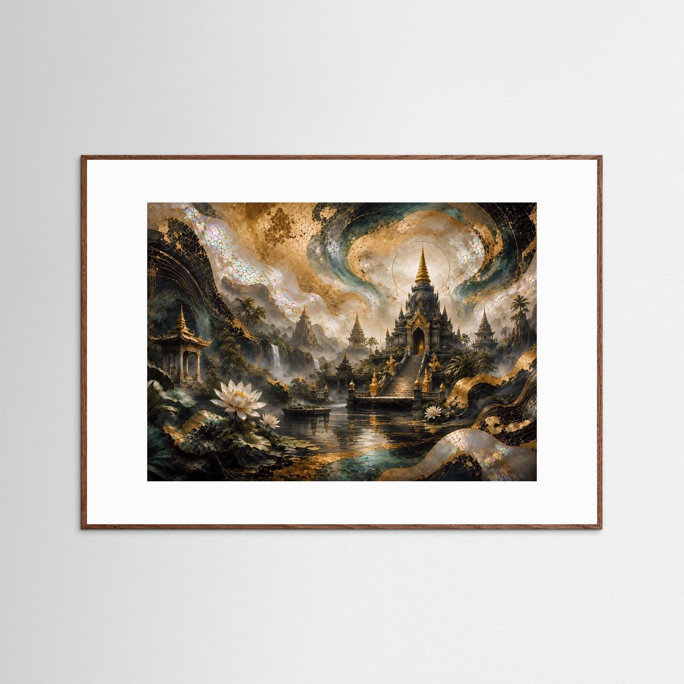 Gerahmtes Poster: Tempel auf einer Insel, stilisierte Wolken und schimmernde Details im Himmel
