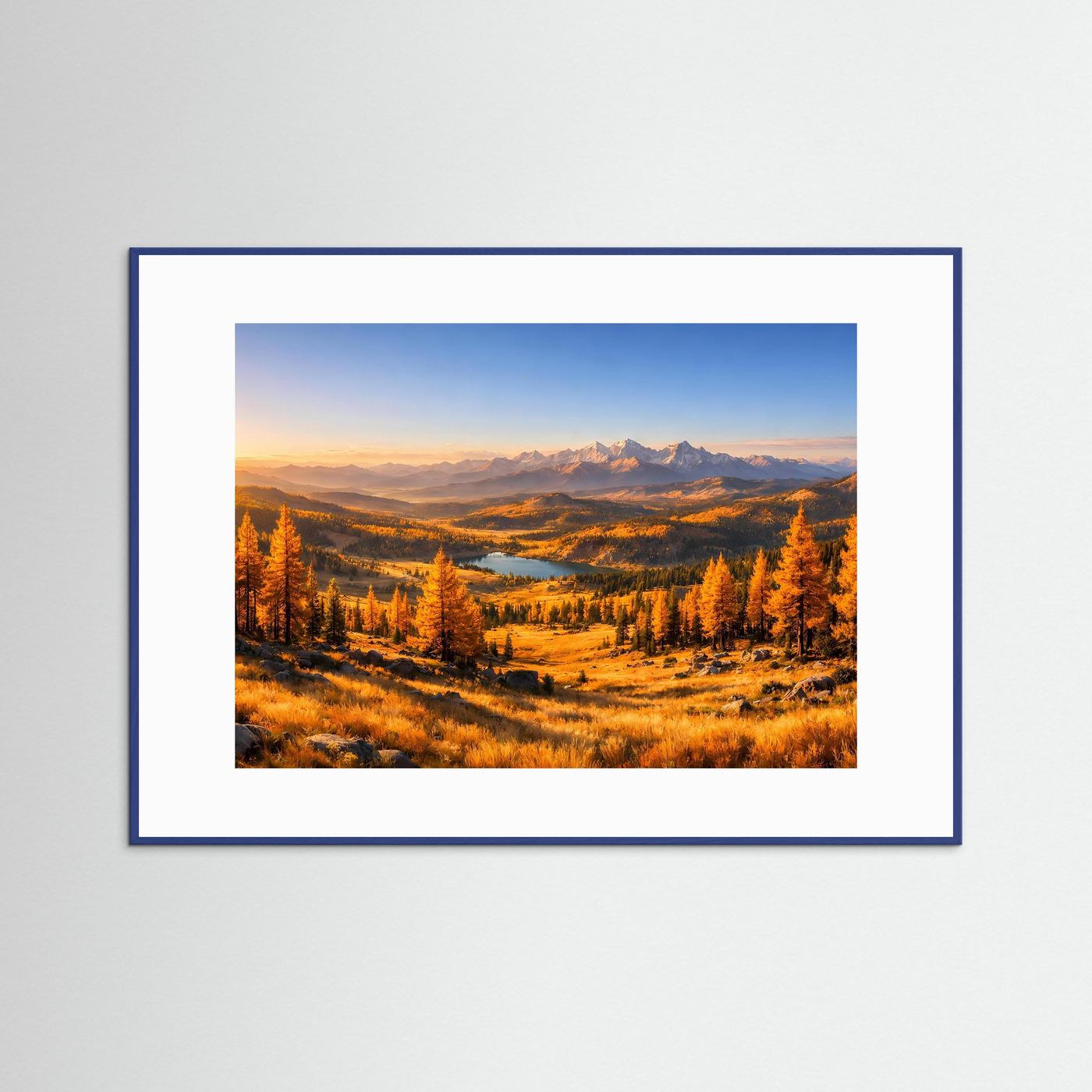 Wandbild Bergtal im Herbst mit goldenen Wäldern und Fluss, dunkelblauer Rahmen