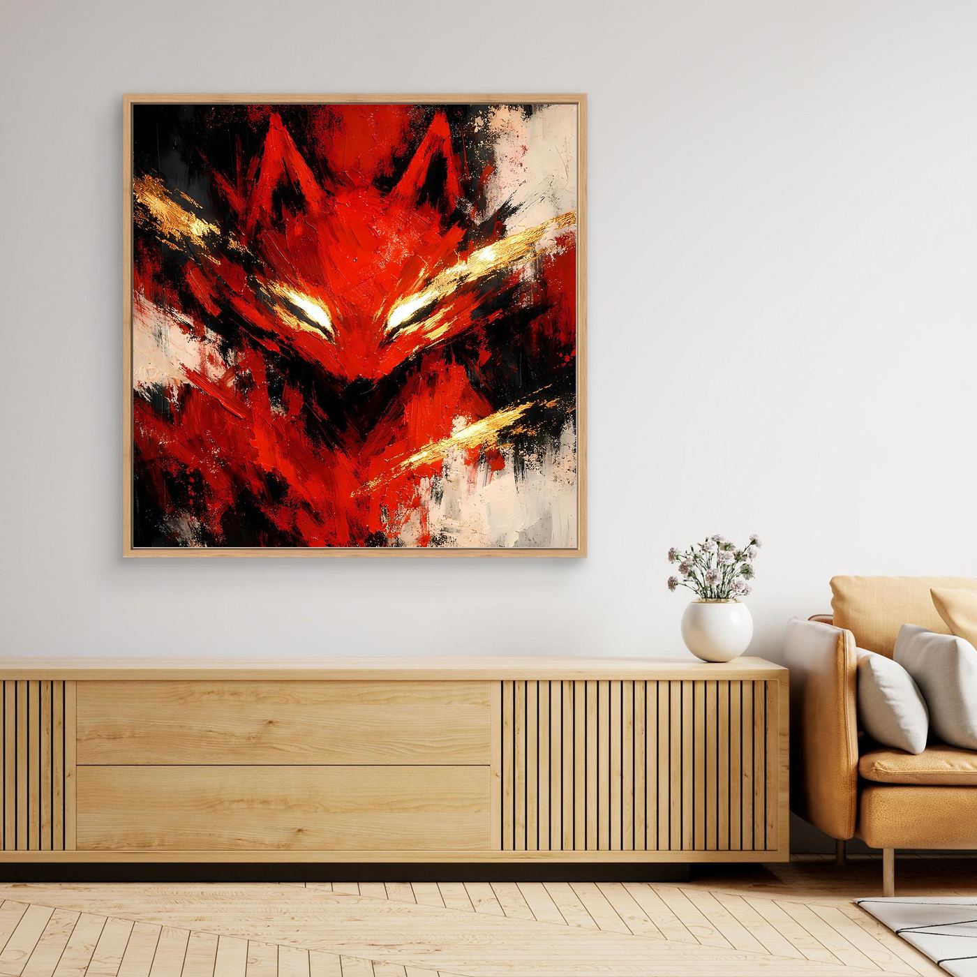 Leinwand Mystischer Kitsune Fuchs in Rot | Abstraktes Japanisches Mythologie Wandbild