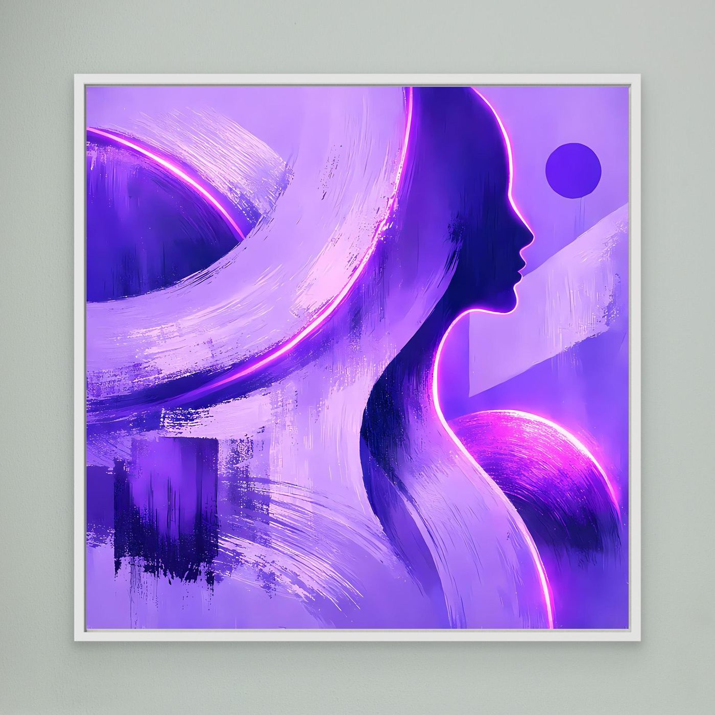 Leinwandbild mit abstrakter Frauen-Silhouette, lila Neon-Highlights, weißer Rahmen