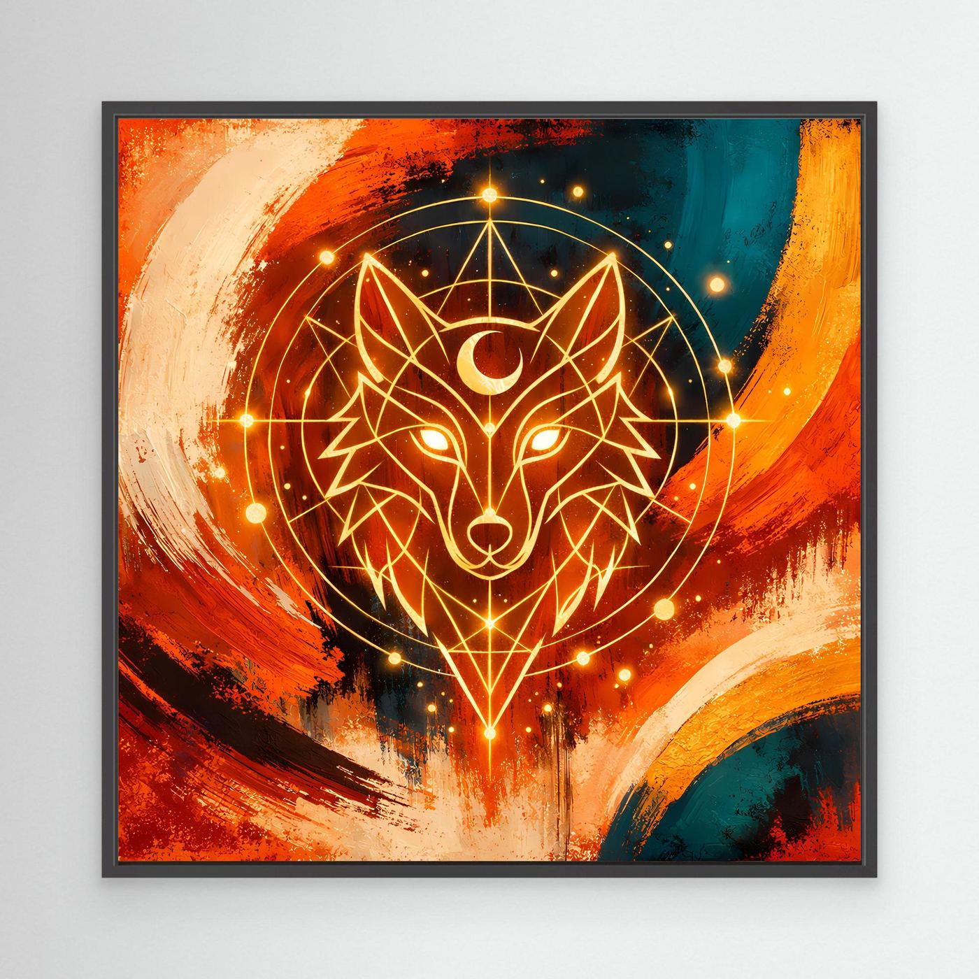 Leinwand-Wandbild mit geometrischem Wolf im Kosmos-Look, schwarzer Rahmen