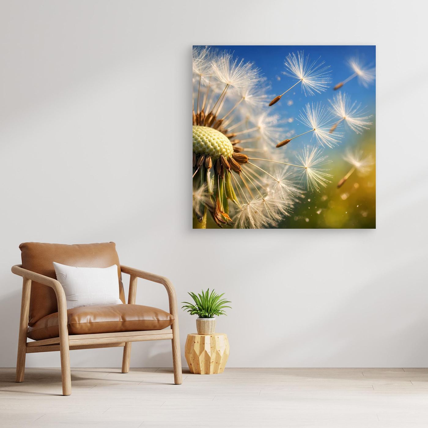 Leinwandbild mit Löwenzahn-Pusteblumen im Makro, gelb-grün, blauer Hintergrund, mit hellem Holzrahmen