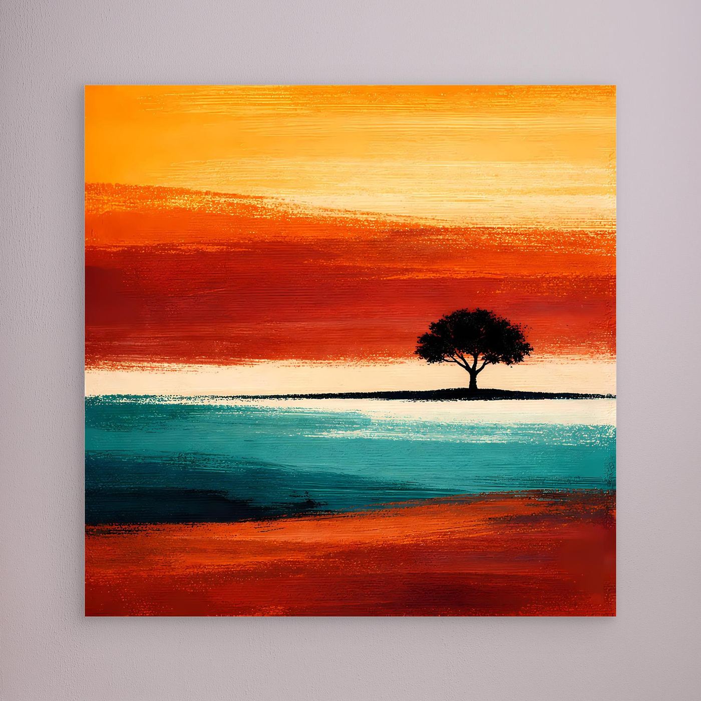 Leinwandbild mit abstraktem Baum am Horizont, türkis- und orangefarbene Landschaft ohne erkennbaren Rahmen
