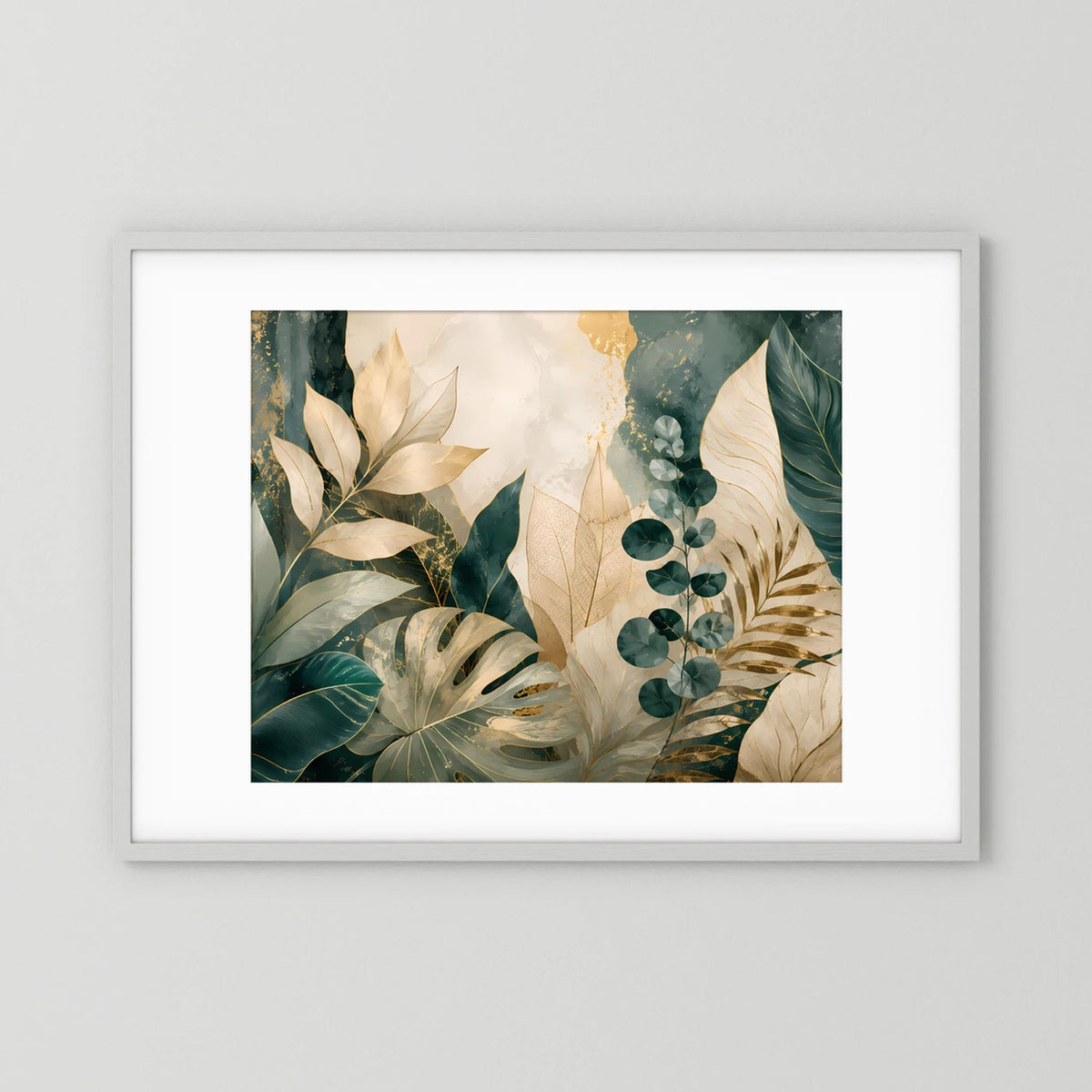 Gerahmtes Poster mit abstraktem Pflanzenmotiv in Grün, Creme und Gold, weiß