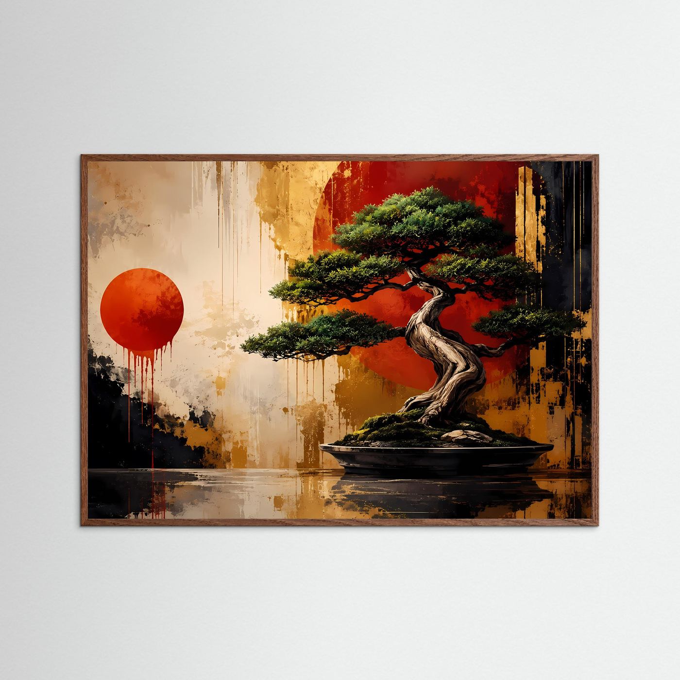 Japanischer Bonsai vor roter Sonne | Modernes Zen & Natur Poster im Querformat