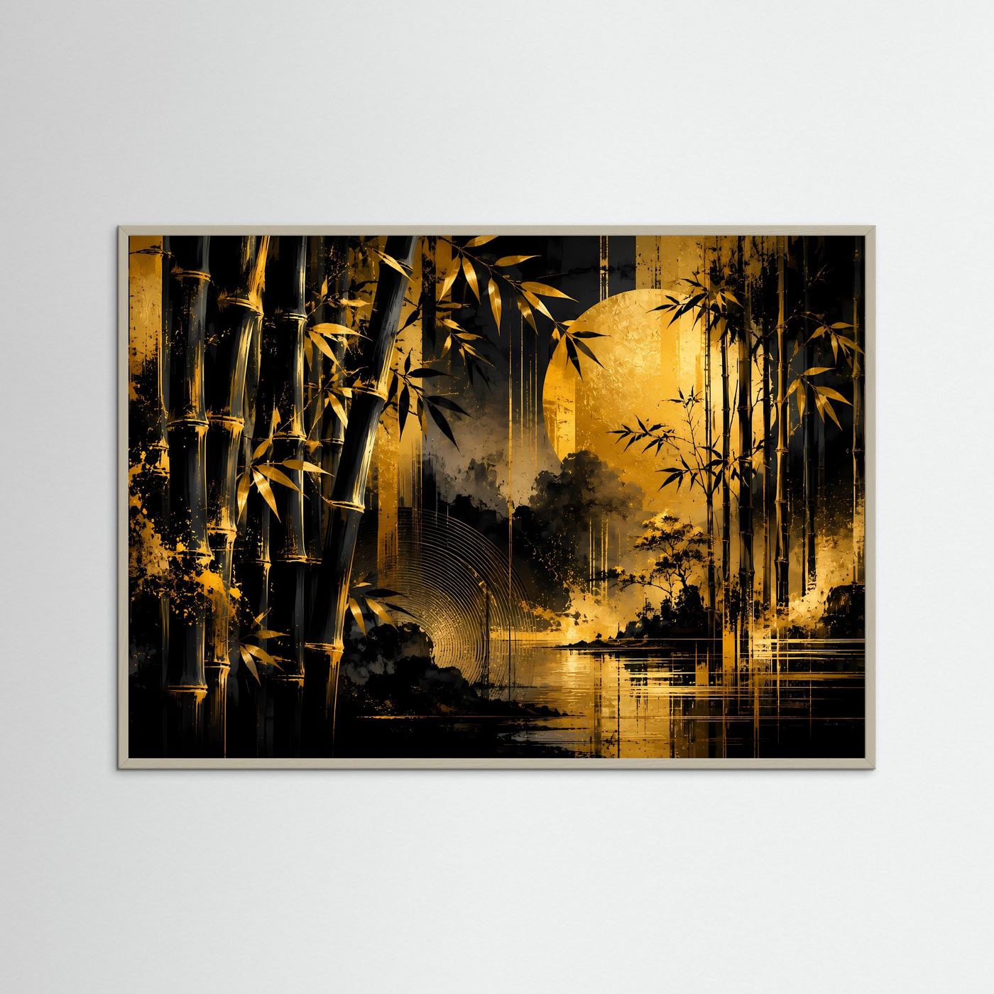 Goldener Bambuswald bei Mondlicht | Elegante asiatische Naturkunst in Schwarz & Gold mit Wasserreflexion | Luxuriöse abstrakte Wandkunst