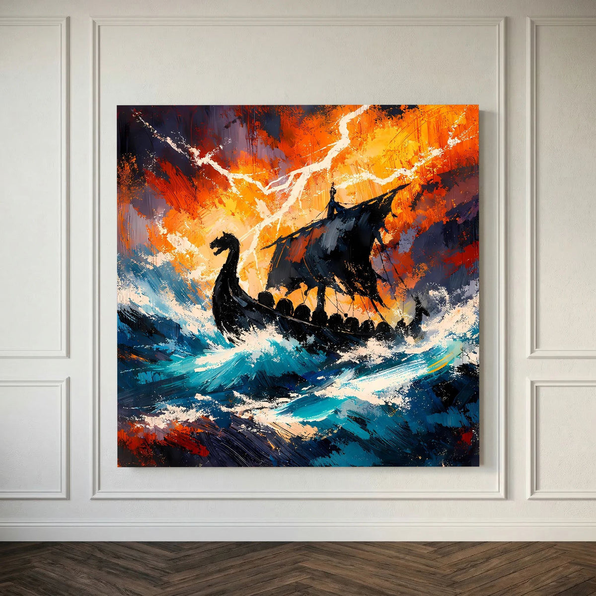 Keilrahmen-Wandbild im Nahblick: schwarzes Wikinger-Langschiff, orange Gewitterwolken und blaue See