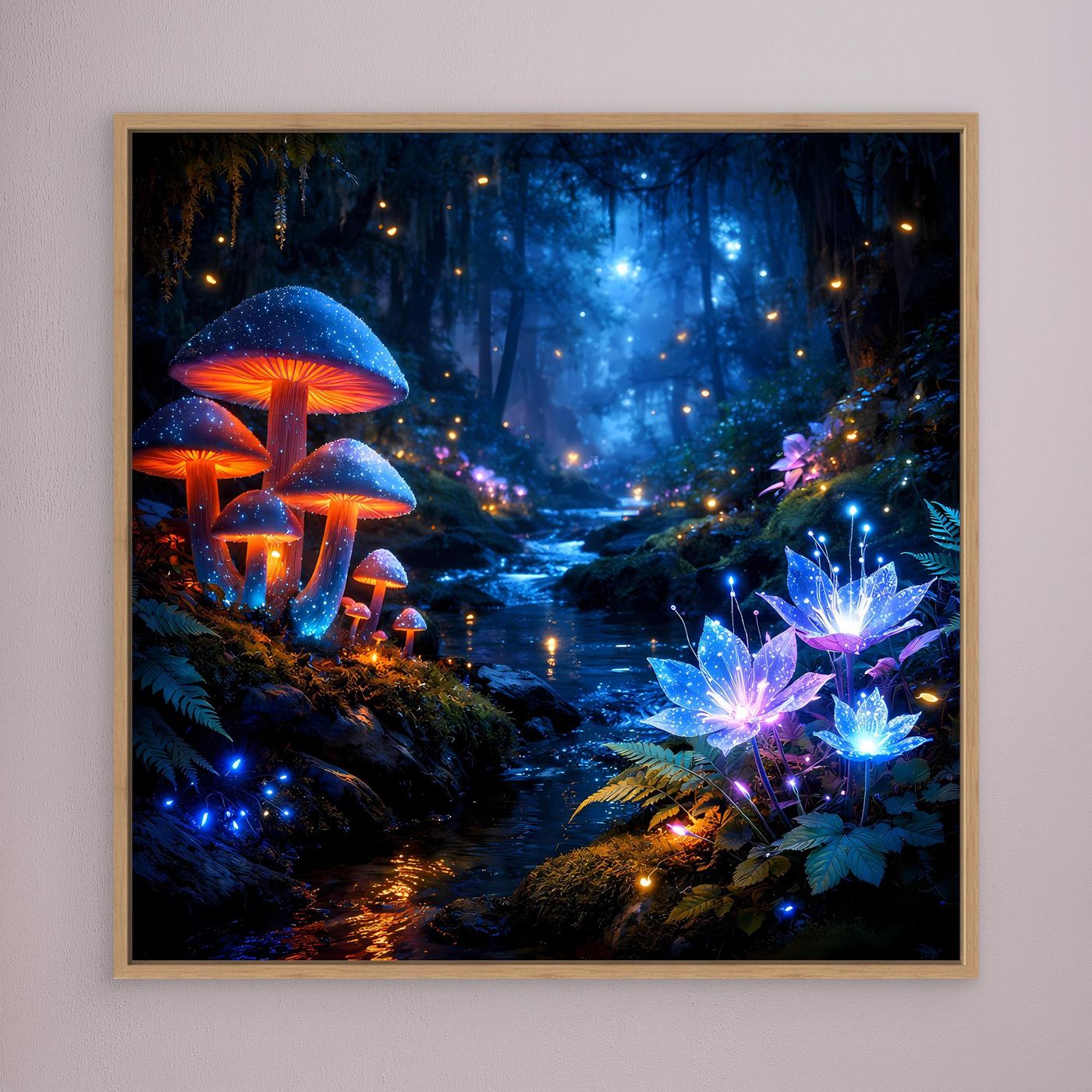Leinwandbild mit leuchtendem Fantasy-Wald, Pilzen und blauen Lichtakzenten, goldbraun gerahmt
