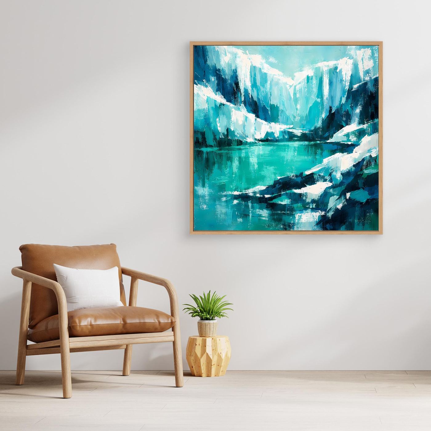 Abstraktes Wandbild mit Eisbergen und Ozean in Blau‑Türkis, mit hellem Holzrahmen