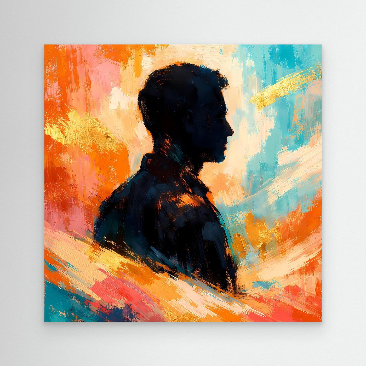 Leinwandbild mit abstrakter Silhouette eines Mannes im Profil, farbig warm