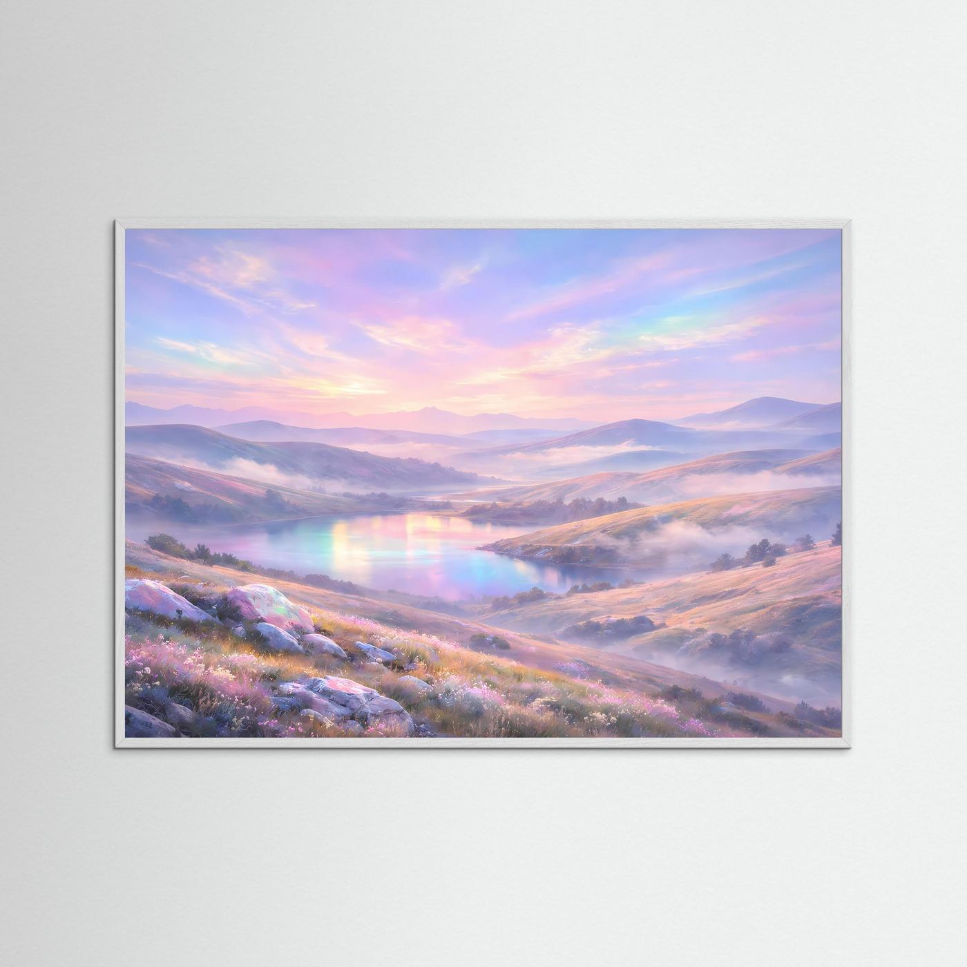 Panorama-Poster mit Hügellandschaft bei Sonnenaufgang und Regenbogen-Licht im weißen Rahmen