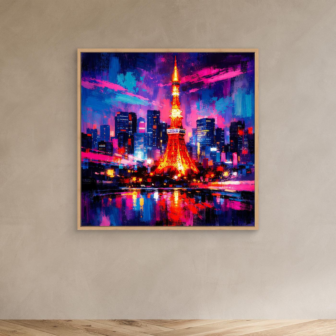 Leinwand-Wandbild Skyline mit Eiffelturm, leuchtende Farben, Eichenrahmen