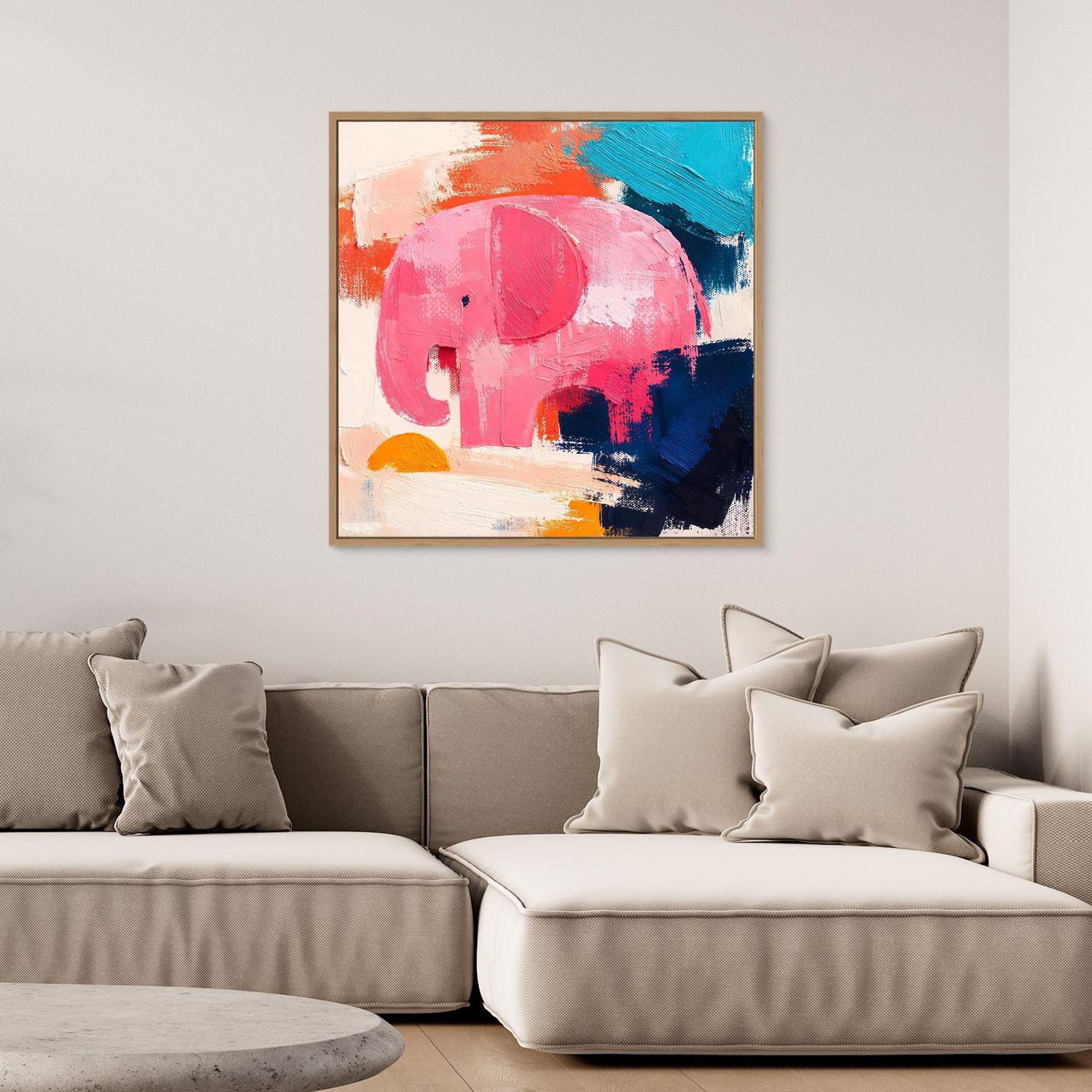 Abstract elephant canvas painting with pink elephant, teal and dark blue strokes, oak frame