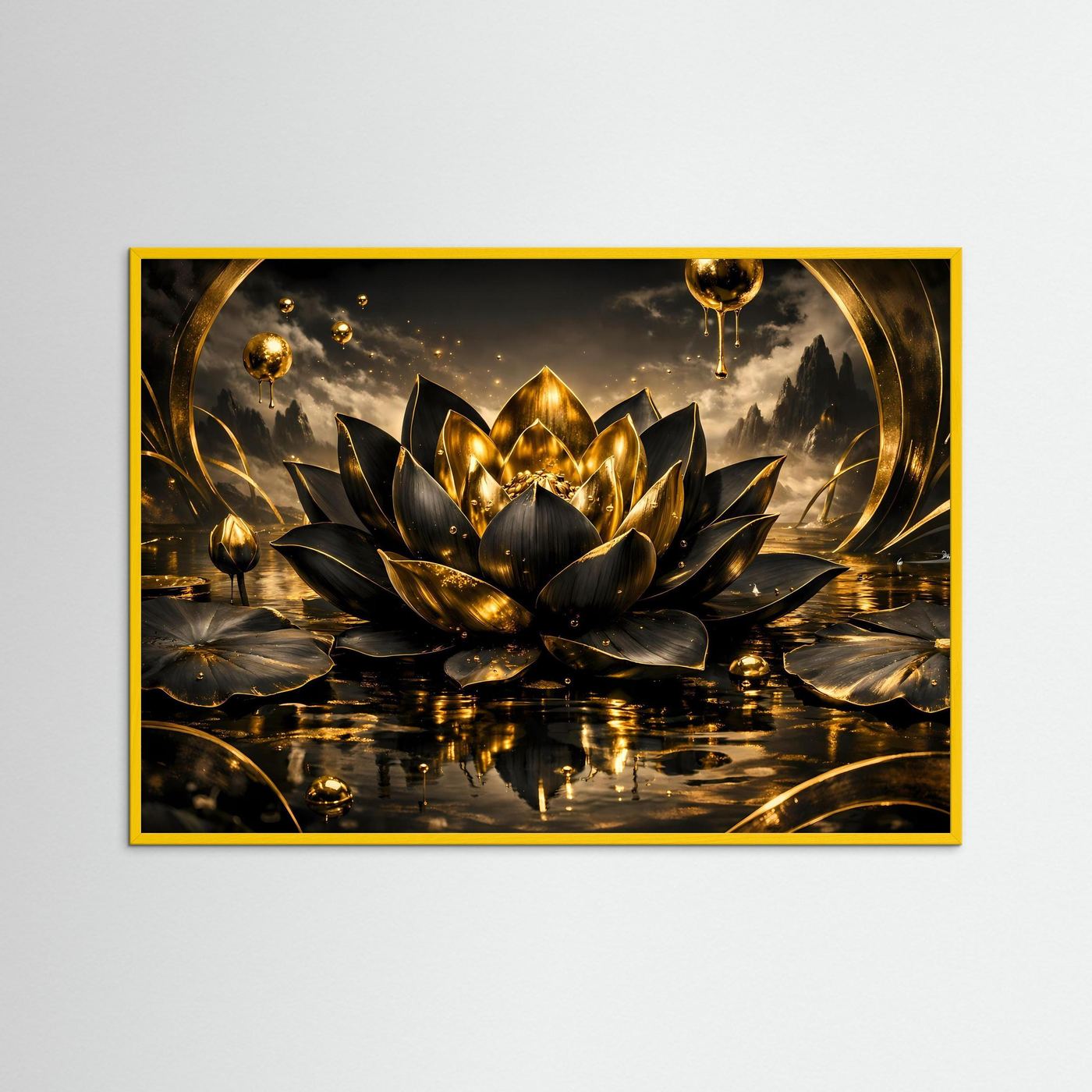 Wandbild: goldene Lotusblüte auf dunklem Wasser, Spiegelungen, gelber Rahmen