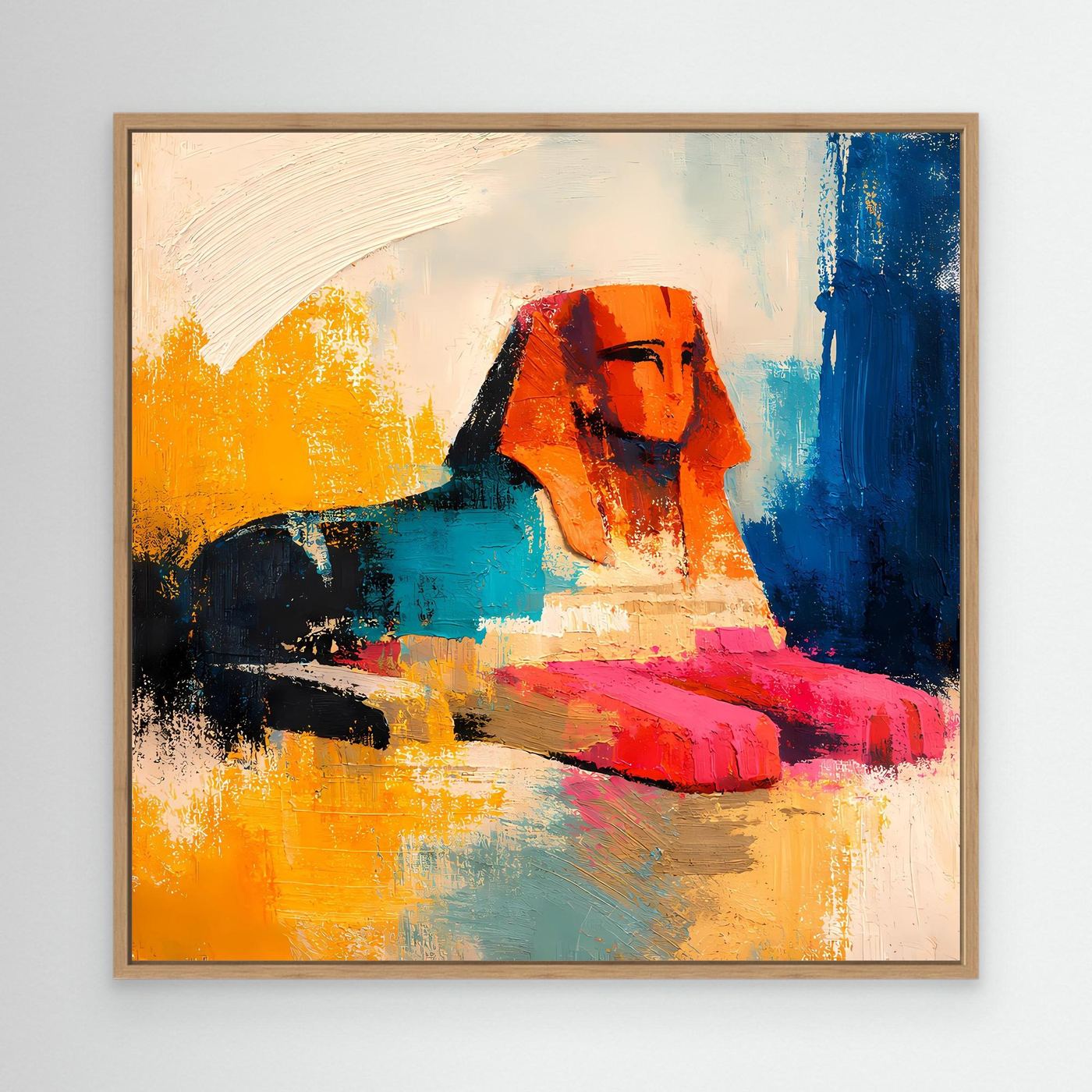 Abstract sphinx canvas wall art with blue, orange, and red strokes; oak frame