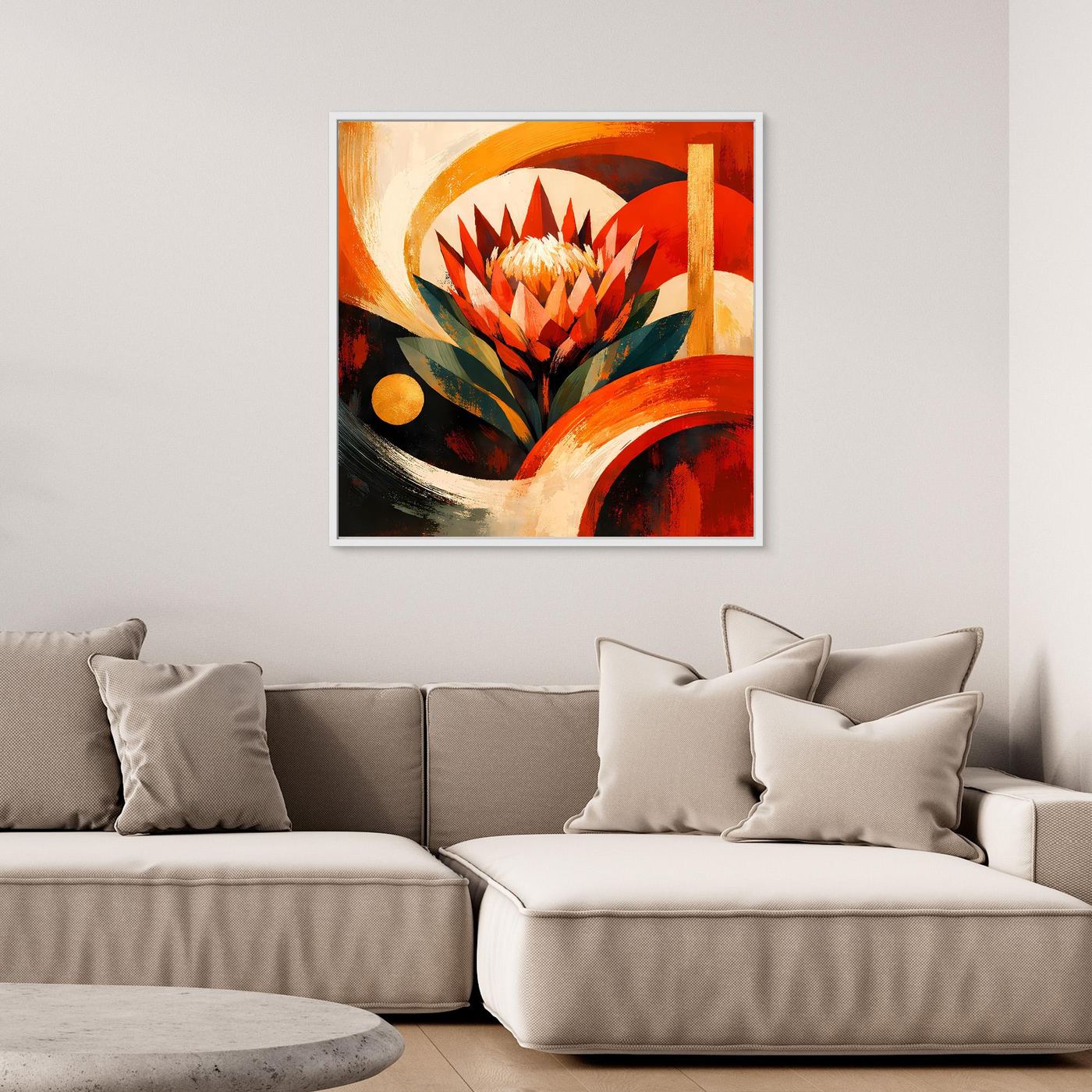 Gerahmtes Leinwandbild mit abstrakter Protea, roten Blüten und warmen Orange-Tönen