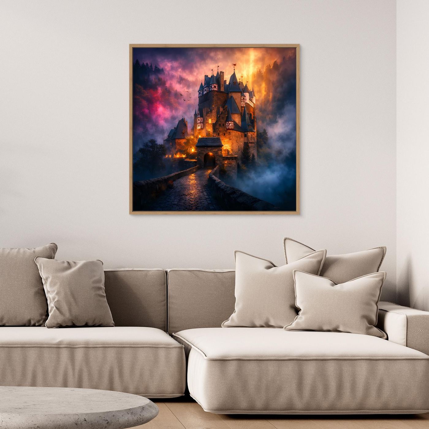 Leinwand Mystische Ritterburg im Nebel | Abstraktes Märchenschloss Wandbild