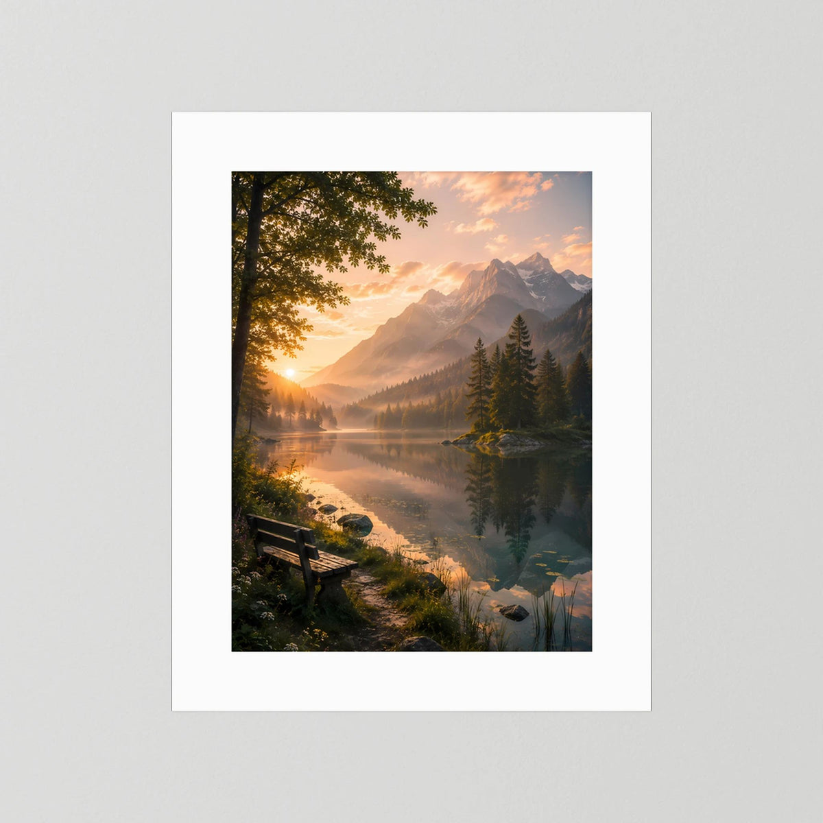 Bergsee im Sonnenuntergang | Ruhige Alpenlandschaft mit Sitzbank | Poster Hochformat