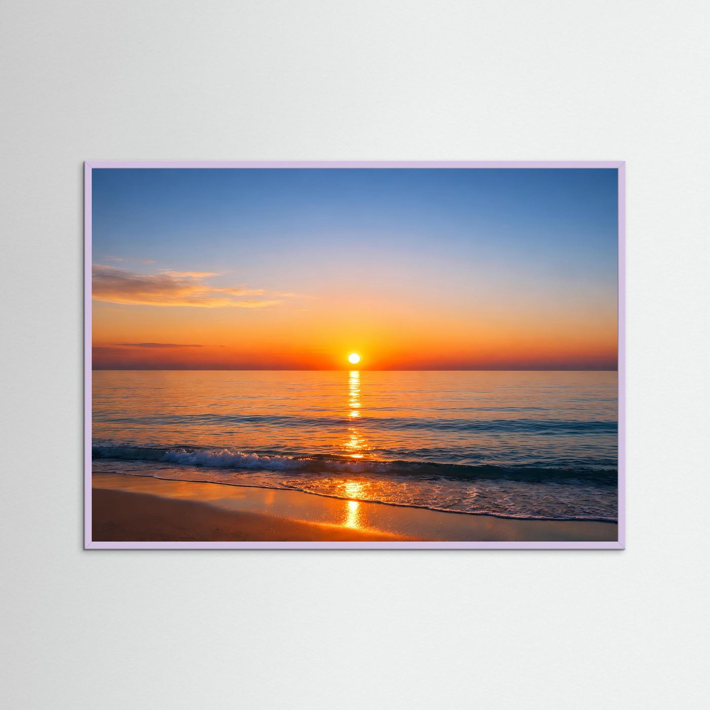Panorama-Poster Sonnenuntergang am Meer mit Strandlicht, lila Rahmen