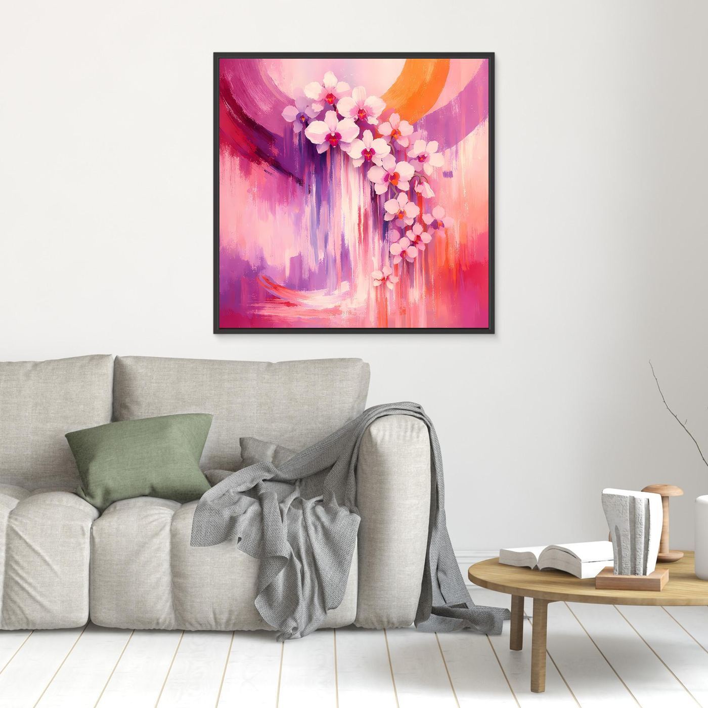 Abstraktes Orchideen-Wandbild, pink-violett, schwarzer Rahmen