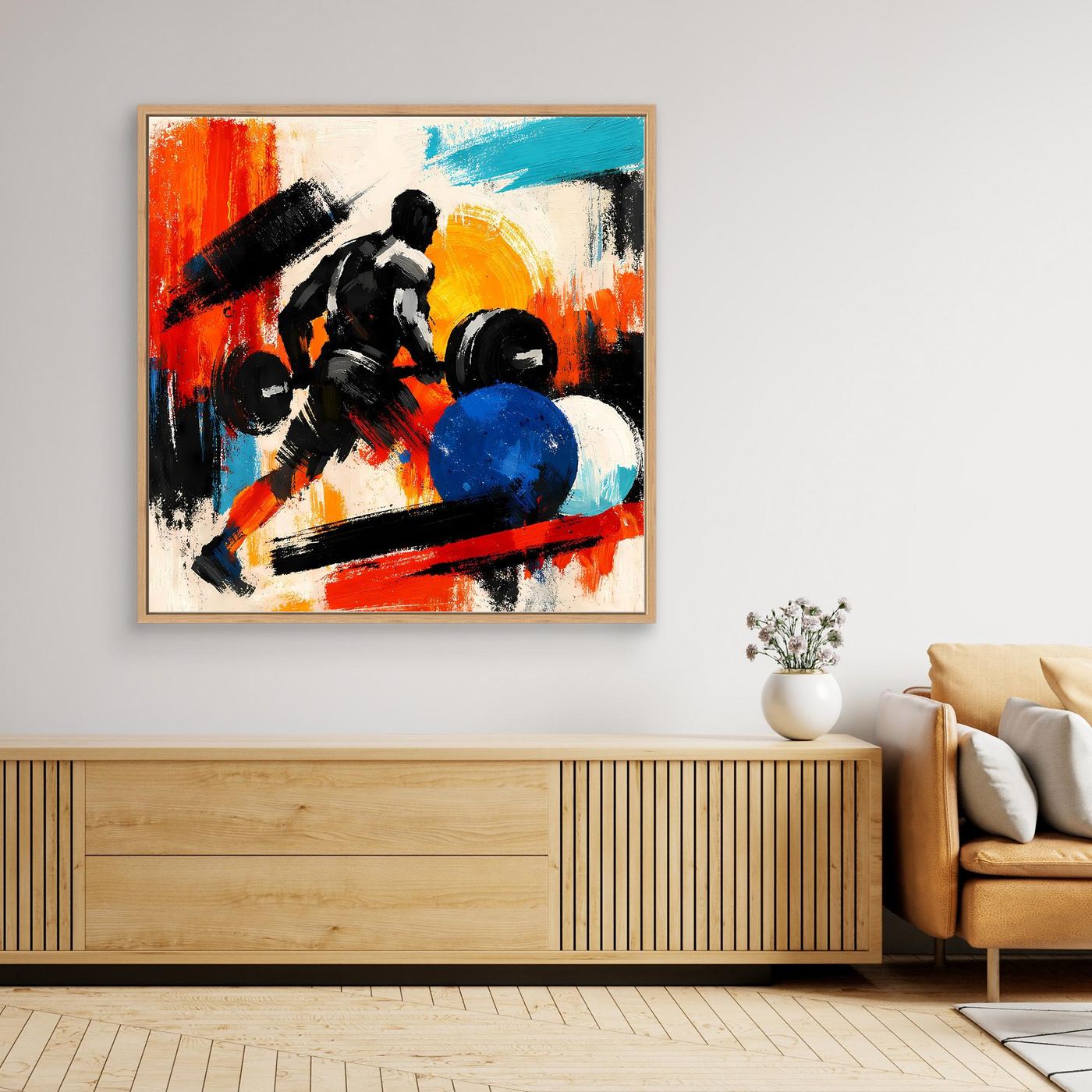 Abstract fitness wall canvas with colorful bodybuilder and dumbbells, light wood frame