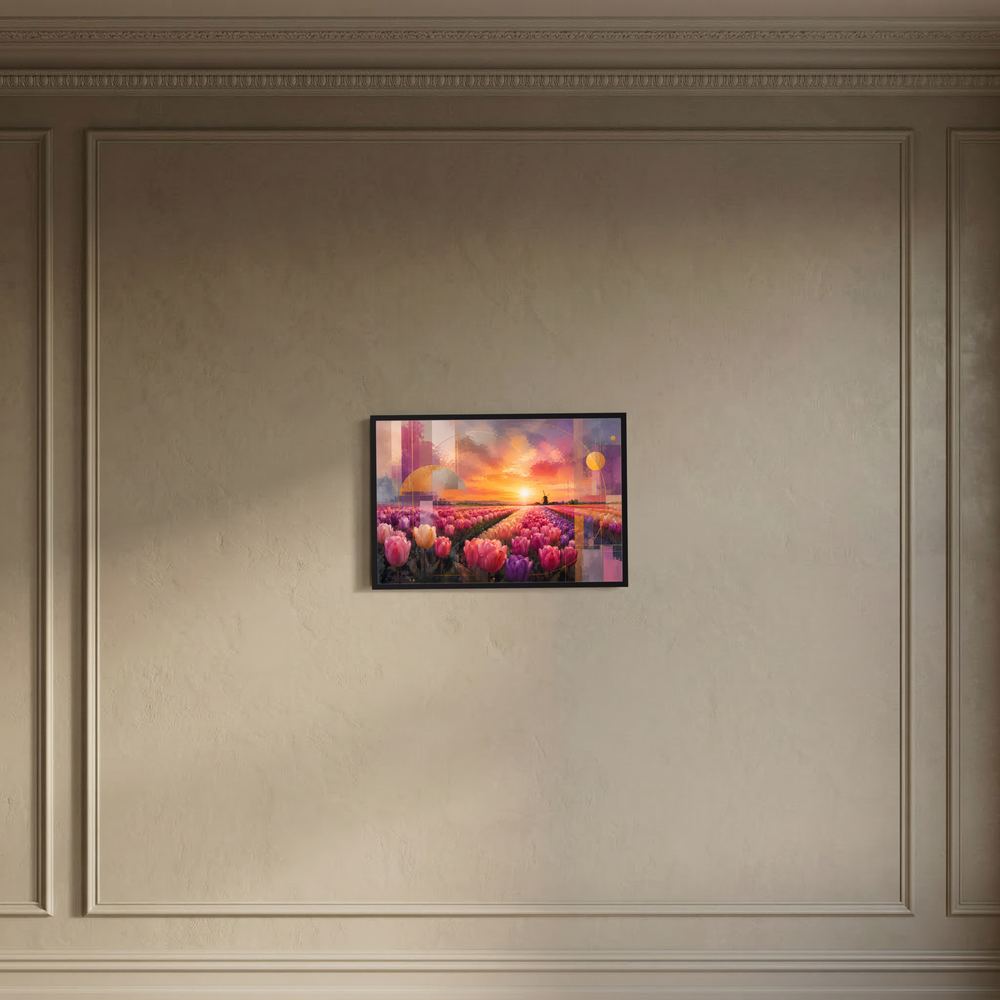 Rahmen-Poster: rosa Tulpenfeld, goldener Sonnenuntergang und abstrakte Windmühle