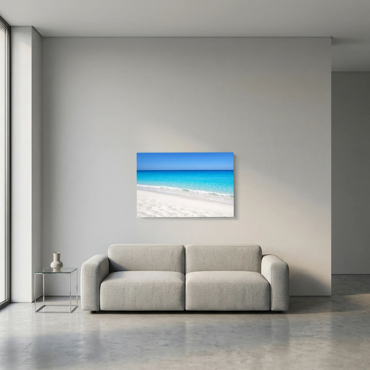 Wandbild mit türkisblauem Meer und hellem Sandstrand, blau umrandet, Querformat